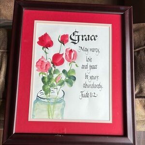 GRACE water color & calligraphy Framed Floral Art with Red Roses 🌹 hand painted